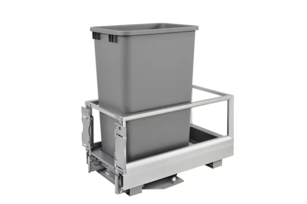 Rev-A-Shelf Aluminum Bottom Mount Single Pull-Out Waste Container Cabinet w.Rev-A-Motion 50qt Silver and Aluminum