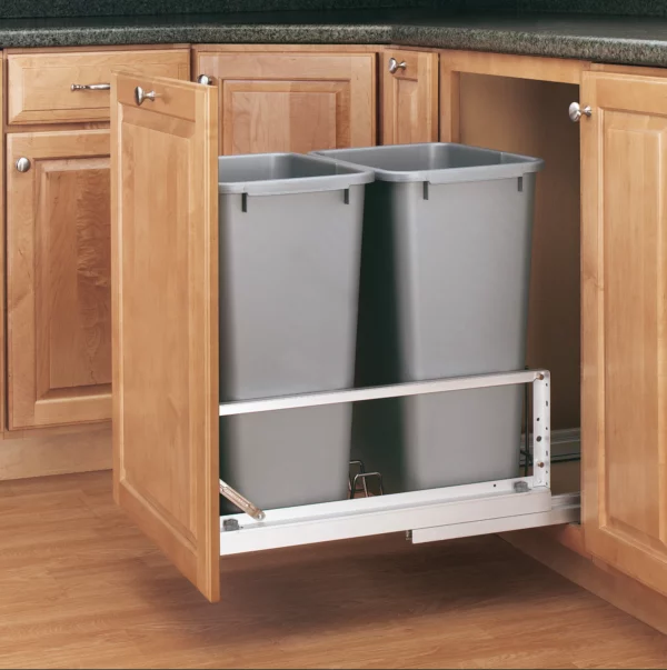 Rev-A-Shelf Aluminum Bottom Mount Double Pull-Out Waste Container Cabinet w.Soft Close 50qt Silver and Aluminum - Image 2