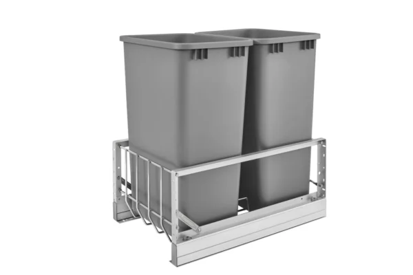 Rev-A-Shelf Aluminum Bottom Mount Double Pull-Out Waste Container Cabinet w.Soft Close 50qt Silver and Aluminum