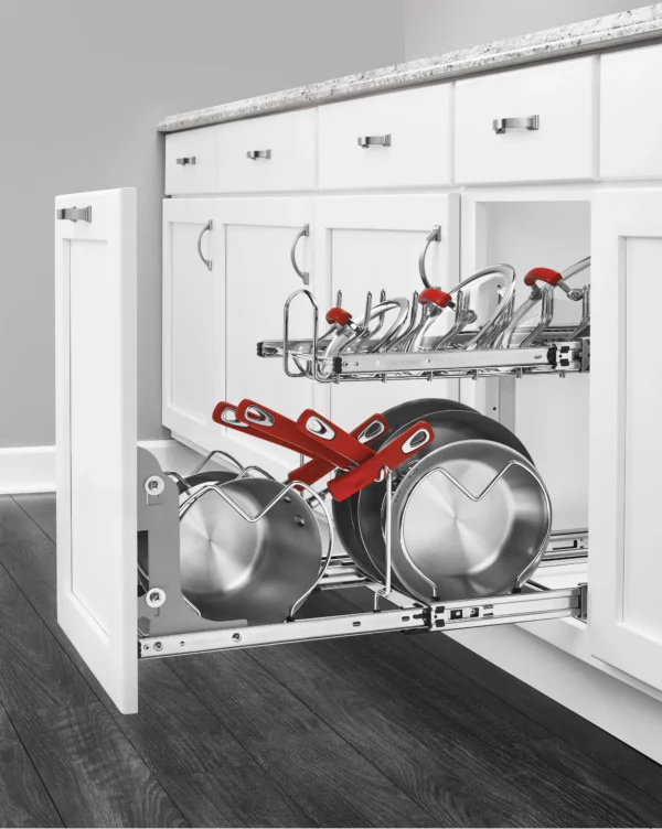 Rev-A-Shelf 2-Tier Pull-Out Base Cabinet Cookware Organizer 12in Chrome - Image 2
