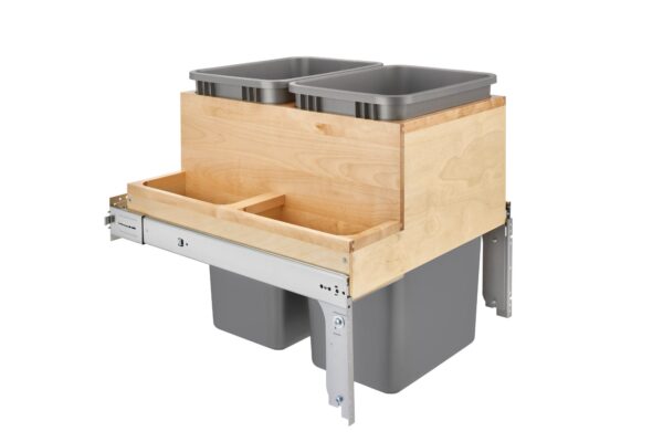 Double 50 qt. Pullout Top Mount Wood and Silver Waste Container w/ Ball-Bearing Soft-Close Slides