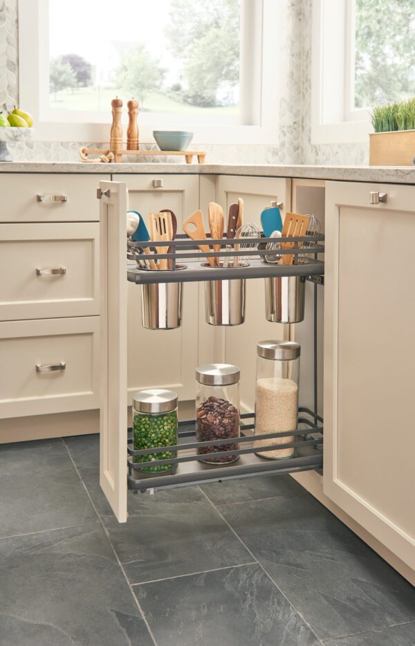 Orion Gray Solid Bottom Flat Wire Frame Contemporary Base Cabinet Pullout w/ Utensil Bins and BLUMOTION Soft-Close for 12" Full-Access Base - Image 2