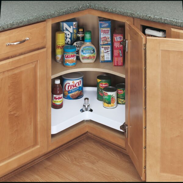 28" White Polymer Single Shelf Kidney-Shaped Lazy Susan Set w/ Bottom Mount Hardware - Image 2