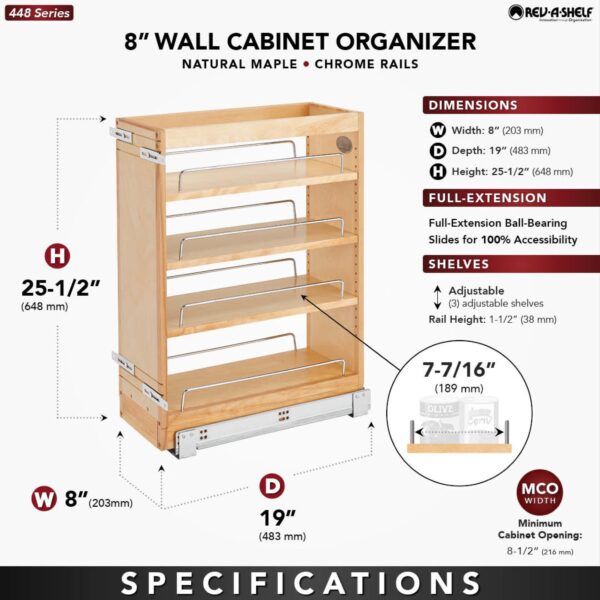 8" W x 19" D Pullout Wood Base Cabinet Organizer - Image 2