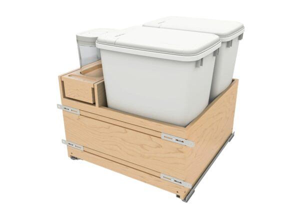 24" Wood Base Cabinet Waste Pullout with Double White 35 qt. Container and a Single 1.7 qt. OXO Container w/ BLUM Soft-Close Slides