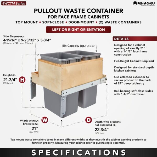 Double 50 qt. Pullout Top Mount Wood and Silver Waste Container w/ Ball-Bearing Soft-Close Slides - Image 2