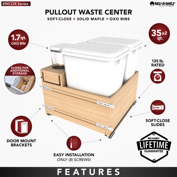24" Wood Base Cabinet Waste Pullout with Double White 35 qt. Container and a Single 1.7 qt. OXO Container w/ BLUM Soft-Close Slides - Image 2