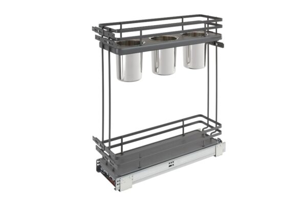 Orion Gray Solid Bottom Flat Wire Frame Contemporary Base Cabinet Pullout w/ Utensil Bins and BLUMOTION Soft-Close for 12" Full-Access Base